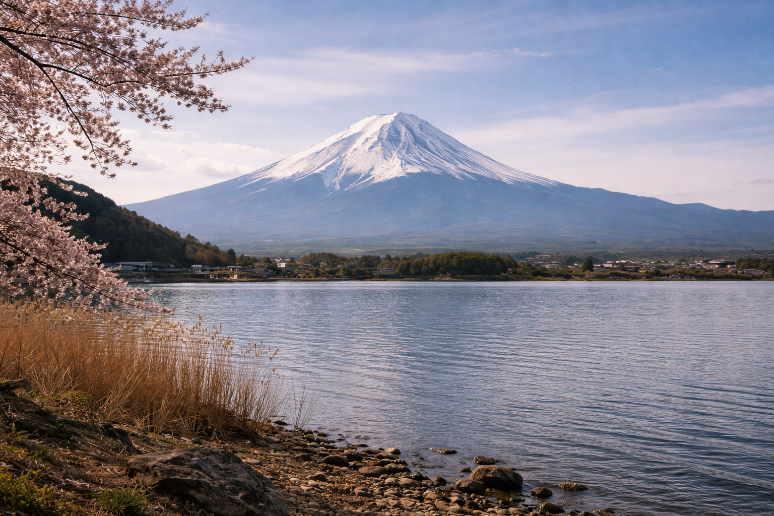 Mount Fuji above a lake with sakura in Japan