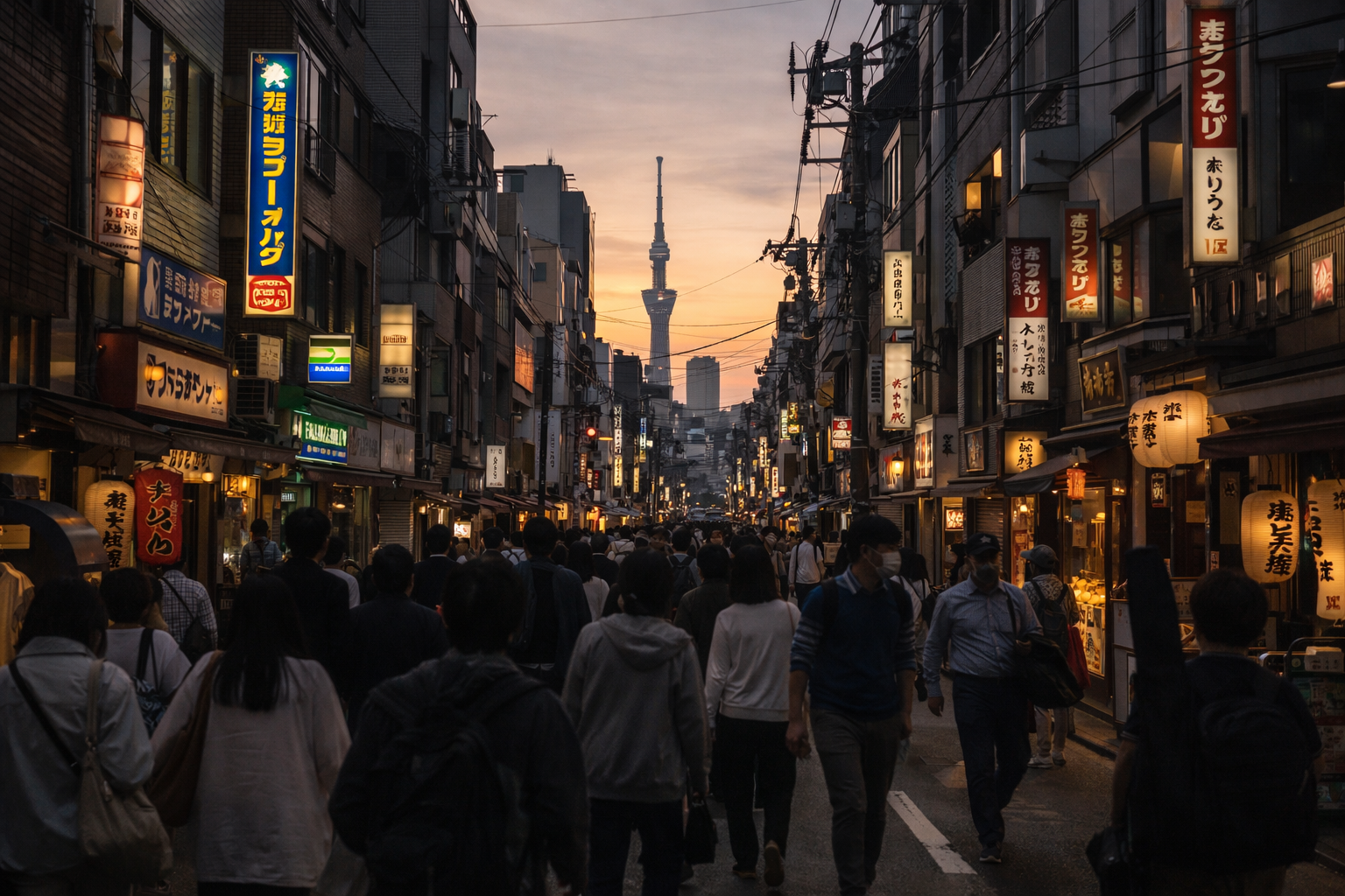 Crowded Tokyo street at sunset with illuminated signs